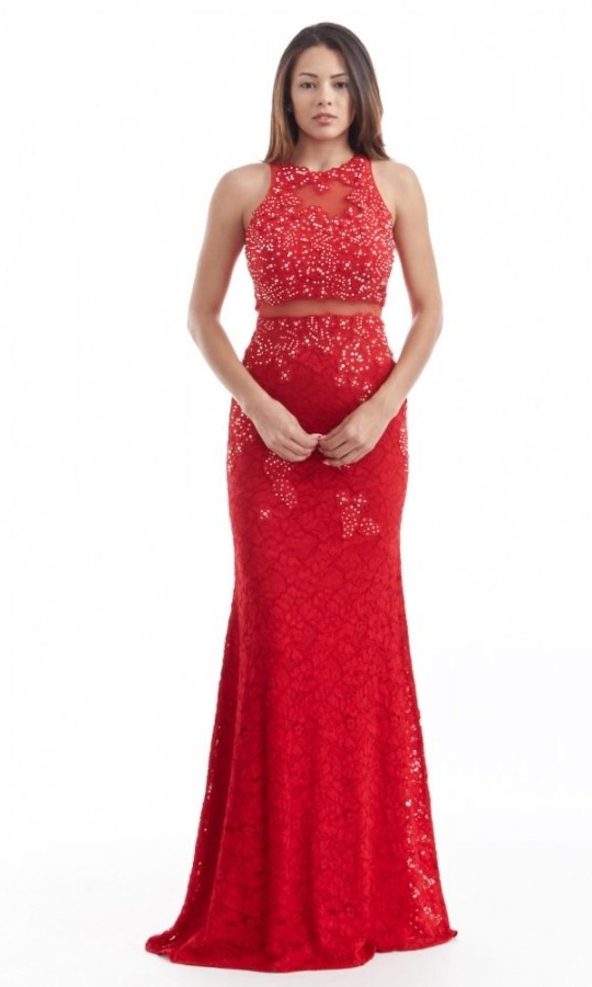 A woman models the Chicas CR4225 Mock Two-Piece Long Lace Prom Dress, a sleeveless, floor-length mermaid gown with sequin-embellished embroidered lace, against a plain white background.